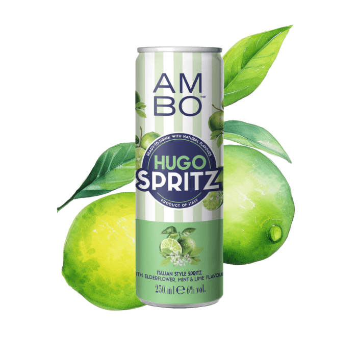 AMBO Hugo Spritz can with lime illustration.