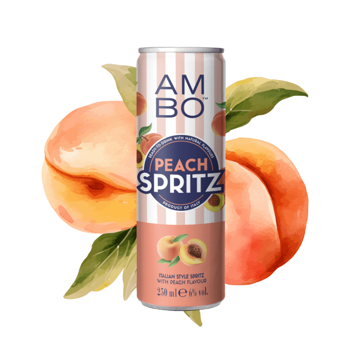 AMBO Peach Spritz can with peaches and green leaves.
