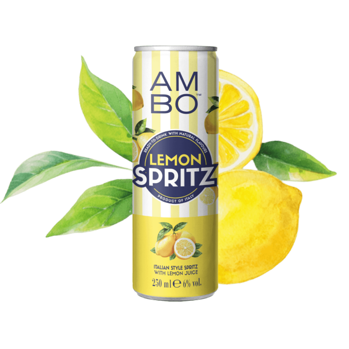 AMBO Lemon Spritz can with lemons and green leaves.