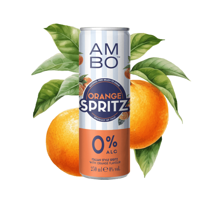 AMBO Orange Spritz 0.0% can with oranges and green leaves.