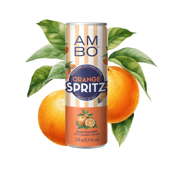 AMBO Orange Spritz can with oranges and green leaves.