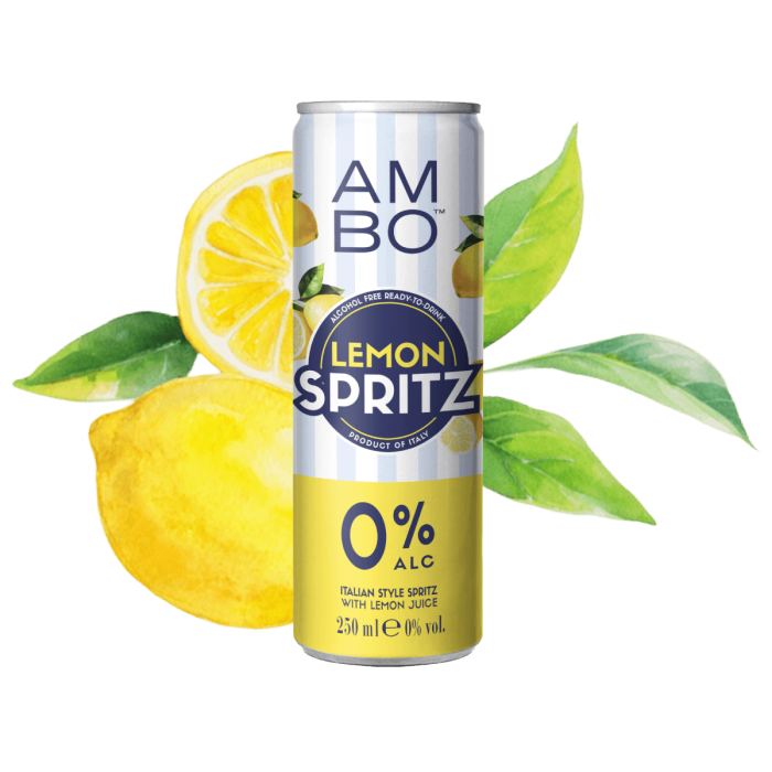 AMBO Lemon Spritz 0.0% can with lemons and green leaves.
