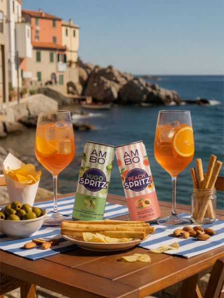 Two glasses of orange spritz with AMBO Peach Spritz and Lemon Spritz cans on a seaside table.